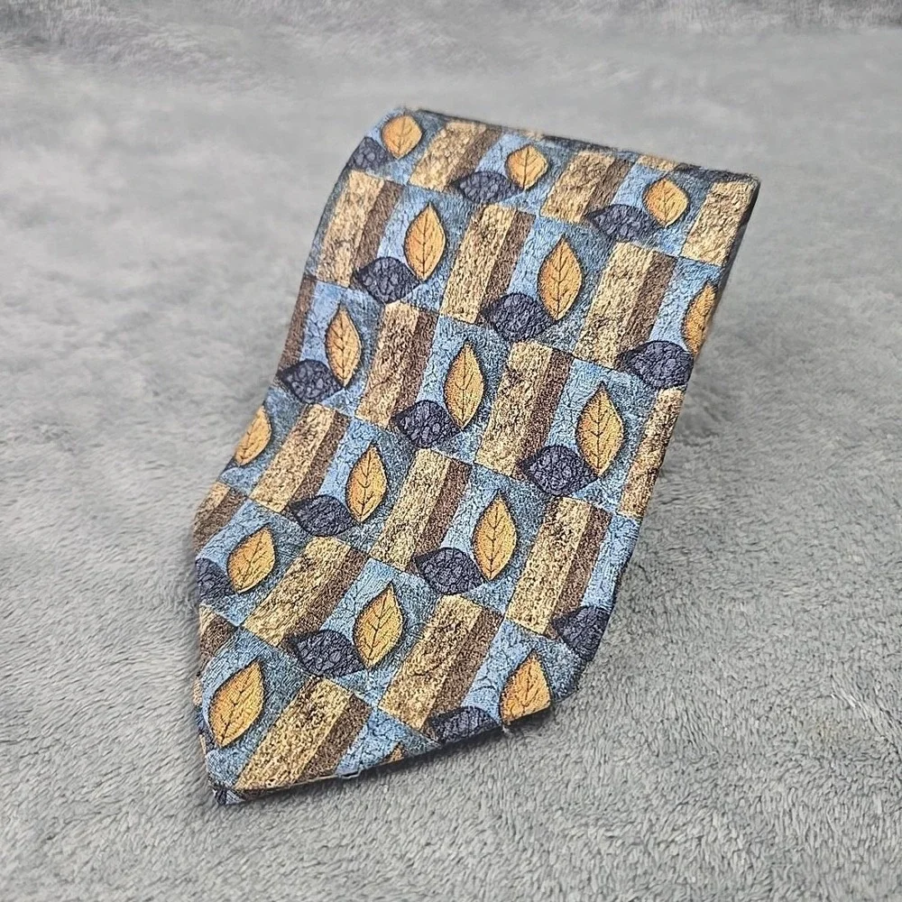 Ermenegildo Zegna Exclusive‎ Design Silk Necktie Blue Leaves Geometric Italian